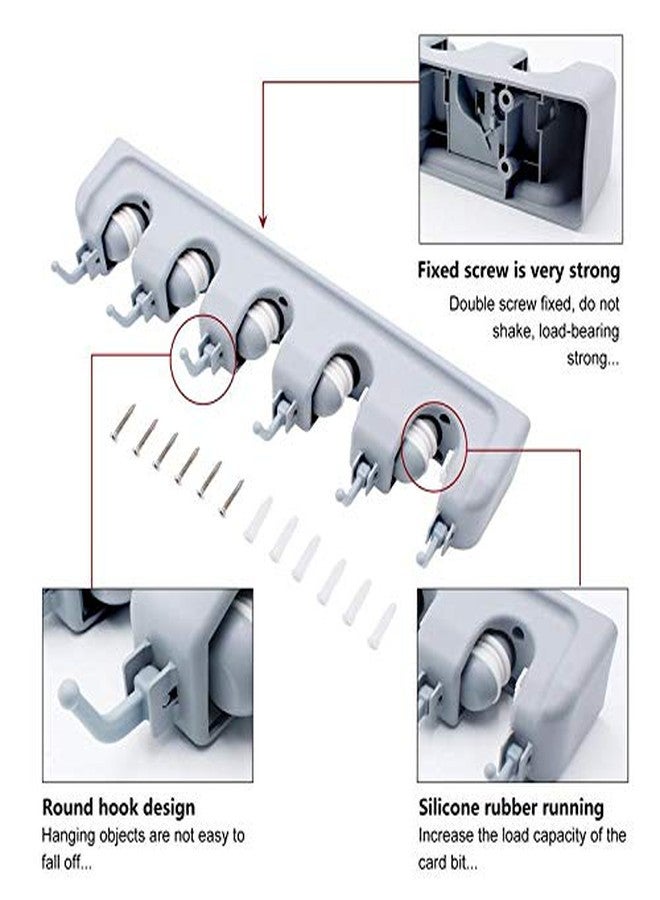 Vruta Plastic Wall Mounted Brush Broom and Mop Holder with 4 Positions 5 Hooks (Grey) - Image 3